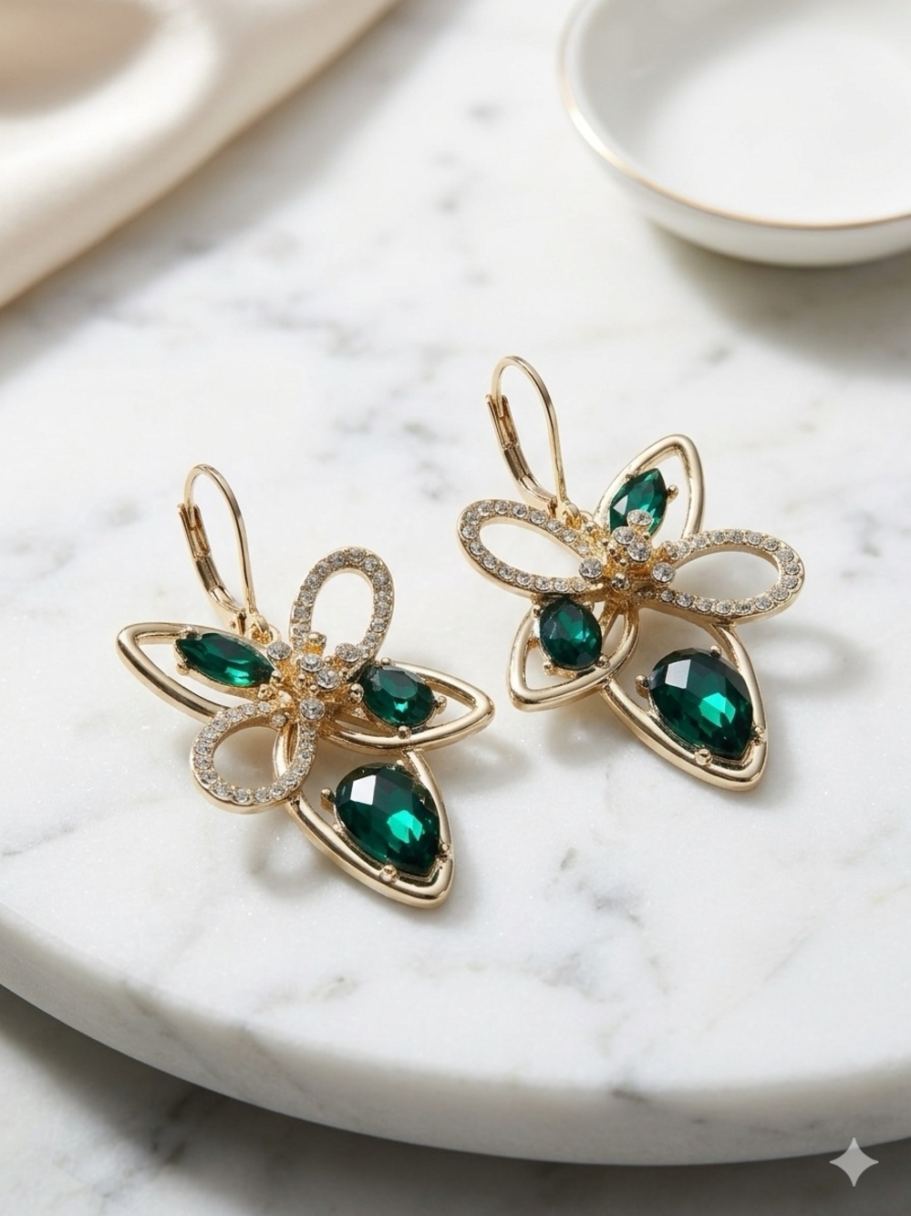 Anne Klein Gold Floral Drop Earrings with Emerald Green Crystals